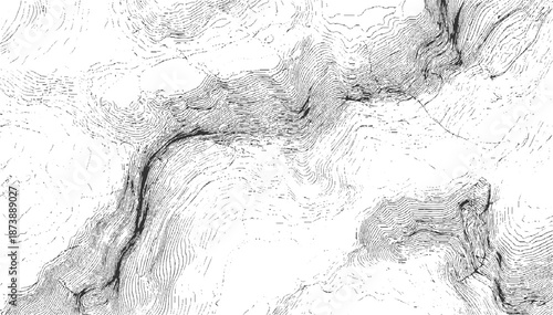 Abstract topographical map rendered as a detailed line showcasing intricate contour lines representing a rugged mountainous landscape with winding valleys