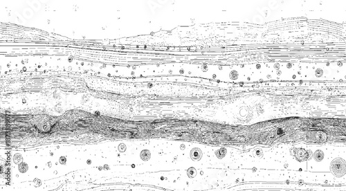 Detailed cross-section of geological strata showing distinct layers of sediment and rock formations with circular inclusions and organic patterns