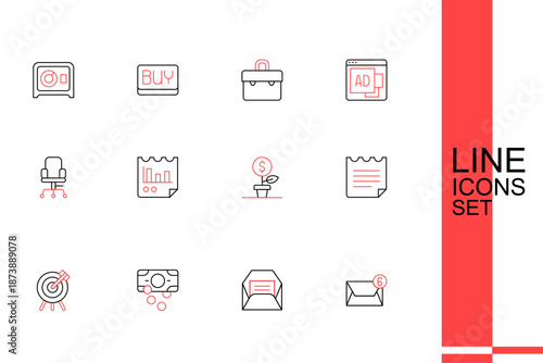 Set line Mail and e-mail, Envelope, Stacks paper money cash, Target financial goal, Notebook, Dollar plant, Document with graph chart and Office chair icon. Vector