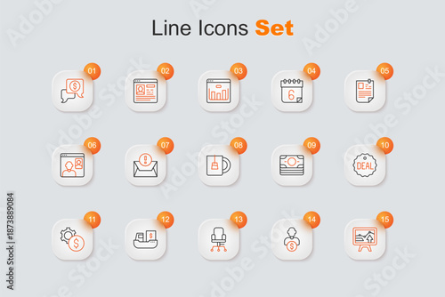 Set line Monitor with graph chart, Business investor, Office chair, Cargo ship boxes delivery, Gear dollar symbol, Deal, Stacks paper money cash and Cup of tea icon. Vector