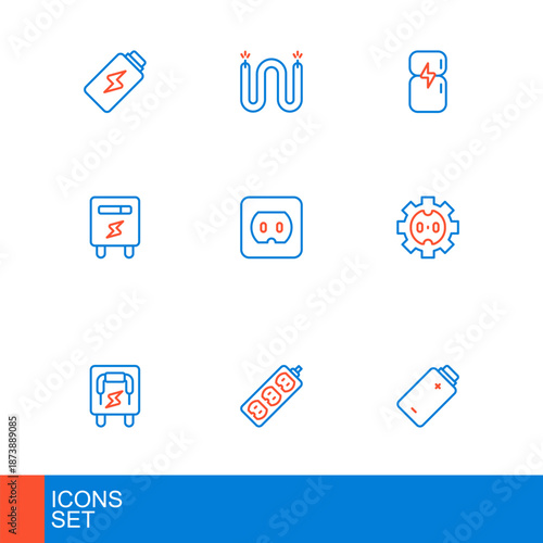 Set line Battery charge, Electric extension, Electrical panel, outlet, meter, Refrigerator and cable icon. Vector