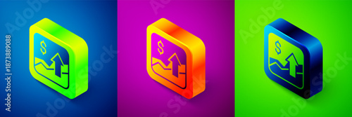 Isometric Financial growth increase icon isolated on blue, purple and green background. Increasing revenue. Square button. Vector