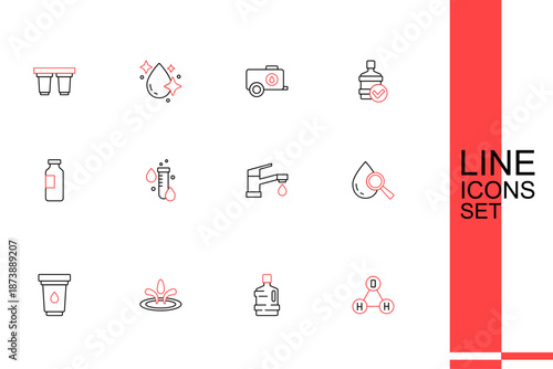 Set line Chemical formula water H2O, Big bottle with clean, Water drop, filter cartridge, Drop and magnifying glass, tap, Test tube and Bottle of icon. Vector