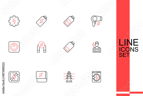 Set line Washer, Electric tower line, Book about electricity, No lightning, Electrician, Battery charge, Magnet and Power button icon. Vector