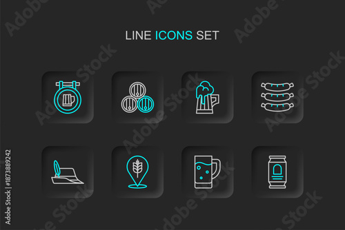 Set line Beer can, Glass of beer, Wheat, Oktoberfest hat, Sausage, Wooden mug, barrel and Street signboard with icon. Vector