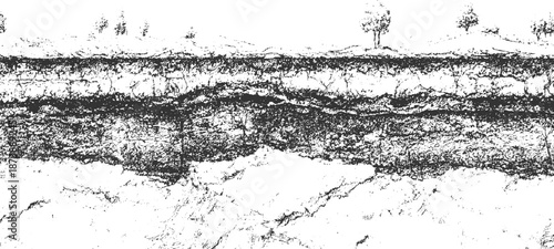 Cross-section of geological strata in black and white showing layers of soil and rock with distinct textures and cracks, suggesting erosion and underground structure with a hint of distant trees