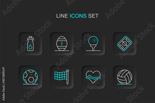 Set line Volleyball ball, Heart rate, Checkered flag, Soccer football, Football field, Golf on tee, American and Fitness shaker icon. Vector