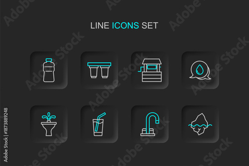 Set line Iceberg, Water tap, Glass with water, Fountain, drop speech bubbles, Well, filter cartridge and Bottle of icon. Vector