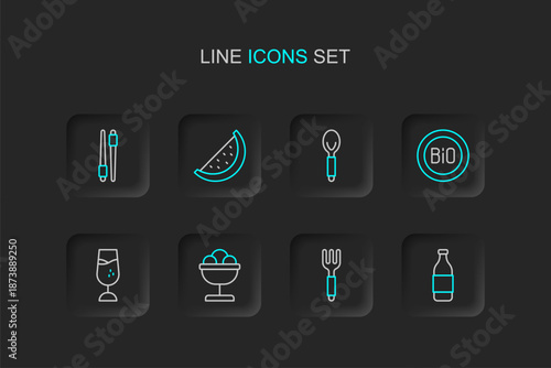 Set line Bottle of wine, Fork, Ice cream the bowl, Wine glass, Banner for bio, Spoon, Watermelon and Food chopsticks icon. Vector