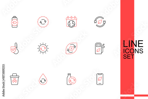 Set line Mobile phone with leaf, Recycling plastic bottle, Recycle clean aqua, Infectious waste, Petrol or gas station, Water energy, Solar panel and Thermometer icon. Vector