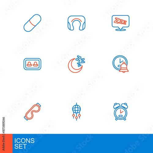 Set line Alarm clock, Dream catcher with feathers, Eye sleep mask, Earplugs storage box, Moon and stars, Sleepy and Travel neck pillow icon. Vector