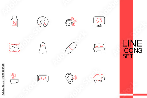 Set line Sheep, Earplugs and ear, with storage box, Chamomile tea, Big bed, Sleeping pill, Ghost and Pillow icon. Vector