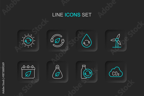 Set line CO2 emissions in cloud, Recycling plastic bottle, Garbage bag, Calendar with autumn leaves, Wind turbine, Recycle clean aqua, Electric saving plug leaf and Solar energy panel icon. Vector