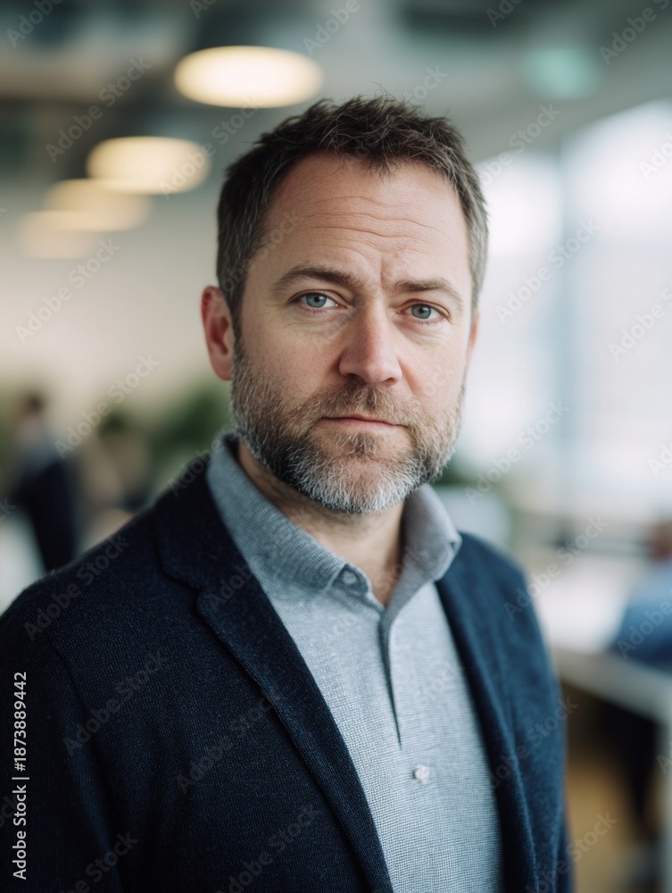 Naklejka premium Man in office setting looking at camera with serious expression