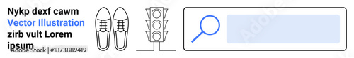 User interface, navigation design, web search, safety concept, accessibility, traffic systems. Features a search bar, traffic lights and shoe outlines. User interface and navigation design