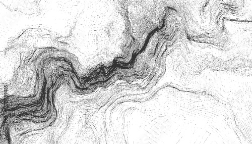 Topographical map abstract rendered as a detailed line showcasing intricate contour lines representing a mountainous landscape with a central dark ravine