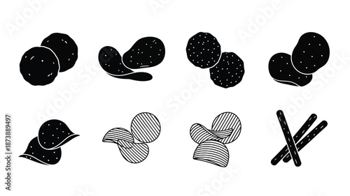 A collection of potato chips in various forms presented as a silhouette