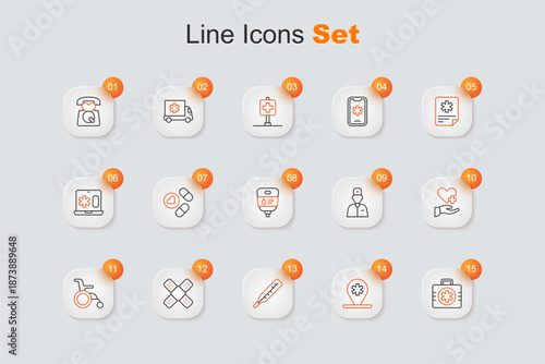 Set line First aid kit, Location hospital, Medical thermometer, Crossed bandage plaster, Wheelchair for disabled person, Heart with cross, Male doctor and IV bag icon. Vector
