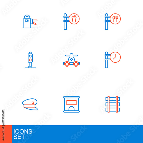 Set line Railway barrier, Ticket office to buy tickets, Train driver hat, station clock, traffic light, Handcar transportation, Cafe restaurant location and icon. Vector