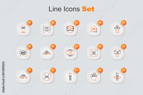 Set line VR controller game, Virtual reality glasses, Augmented AR, 360 degree view, 3d modeling and Wide angle picture icon. Vector