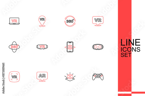 Set line Gamepad, 3d modeling, Augmented reality AR, Virtual, glasses, and 360 degree view icon. Vector