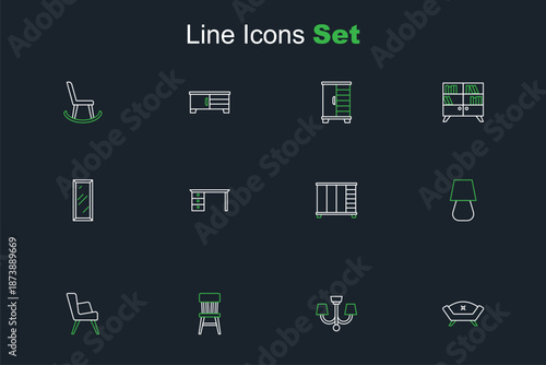 Set line Sofa, Chandelier, Chair, Armchair, Table lamp, Wardrobe, Office desk and Big full length mirror icon. Vector