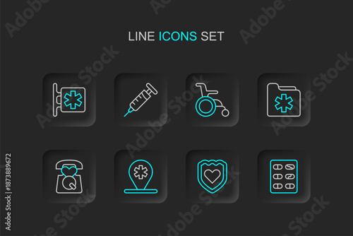 Set line Pills in blister pack, Immune system, Location hospital, Emergency call 911, Medical health record folder, Wheelchair for disabled person, Syringe and - Star of Life icon. Vector