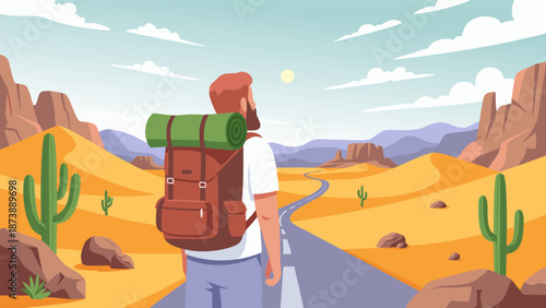 Man with backpack walking on road in desert landscape