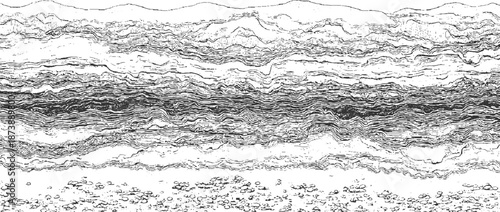 Horizontal abstract pattern of wavy lines and granular textures, evoking geological cross-sections or layered natural formations in monochrome