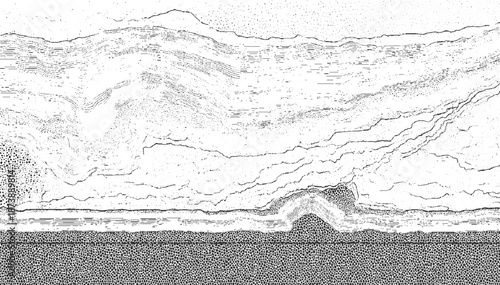 Abstract monochrome depiction of layered geological formations or undulating terrain with granular textures and fine line details