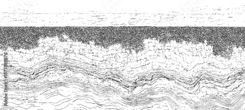 Striking monochrome abstract background depicting layered geological formations with cracked textures and organic lines