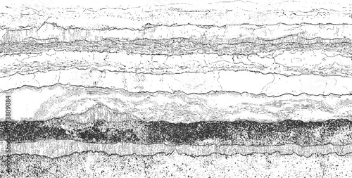 Detailed black and white of geological strata with numerous horizontal layers showcasing varied textures including wavy lines, stippling, and cracked surfaces