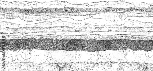Black and white depicting geological strata with multiple distinct layers featuring wavy lines, stippling, and cracked textures representing earth's formations