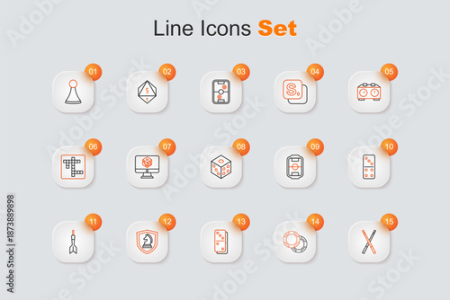 Set line Crossed billiard cues, Casino chips, Domino, Chess, Dart arrow, Table football and Game dice icon. Vector