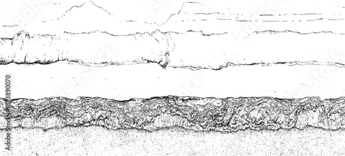 Stark monochromatic abstract of geological formations with rough textured layers and sharp linework creating a dramatic and detailed cross-section in black and white