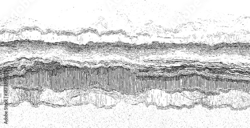 Monochrome abstract background featuring distinct horizontal layers of geological strata with varied textures and detailed line work creating a sense of depth and natural formation