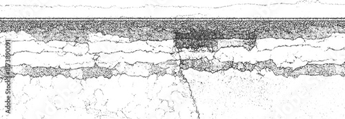 Striking monochrome abstract with prominent horizontal bands of geological strata and granular textures, rendered with intricate line and stippling for a unique visual effect