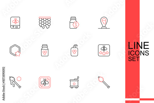 Set line Honey dipper stick, extractor, Stop bee, Type of, Cosmetic tube with honey, Jar and Honeycomb icon. Vector