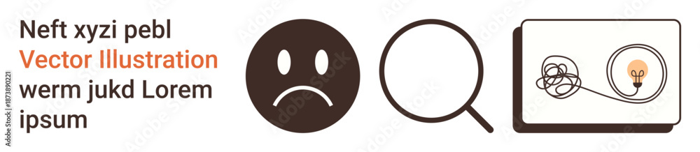 Fototapeta premium Problem-solving, analysis, innovation, frustration, solutions, ideas. Sad face, magnifying glass tangled wire leading to a lightbulb. Problem-solving and analysis concepts