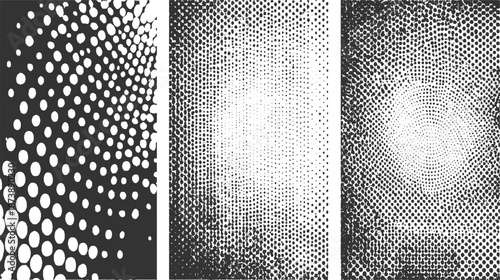 Three abstract monochrome compositions showcasing dense and sparse dot patterns, radial and gradient effects in black and white
