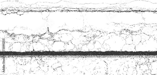 Stark monochrome abstract composition showcasing distinct horizontal layers of geological strata with cracked surface textures and bold line work for a dramatic effect