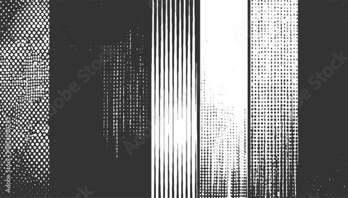 A series of six distinct abstract panels in black and white, including halftone dots, solid blocks, and vertical line textures