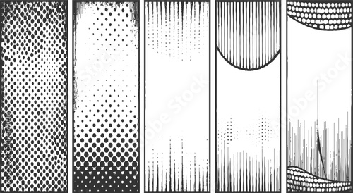 Collection of five vertical abstract featuring halftone dots, distressed textures, and linear patterns in black and white