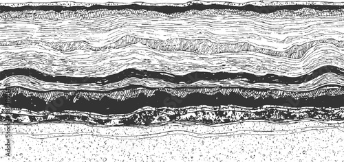 Detailed monochrome cross-section of geological strata with distinct layers of varying textures and patterns, showcasing natural formations