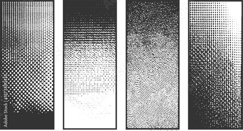 Four abstract monochrome vertical panels featuring dynamic halftone dot patterns and textured gradients transitioning from dense to sparse, evoking a sense of movement and decay