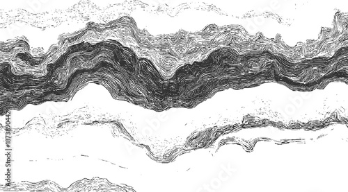 Abstract monochrome wavy lines and layered textures resembling geological strata or flowing water, rendered with fine detail and a sense of depth and movement