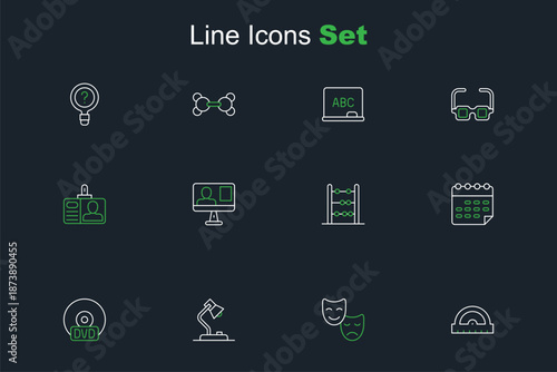 Set line Protractor grid, Comedy and tragedy masks, Table lamp, CD DVD disk, School timetable, Abacus, Online class and Identification badge icon. Vector
