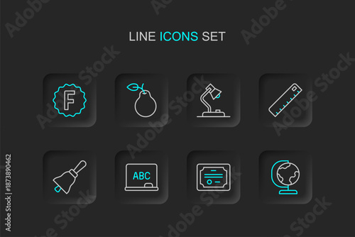 Set line Earth globe, Certificate template, Chalkboard, Ringing bell, Ruler, Table lamp, Pear and Exam paper with incorrect answers icon. Vector