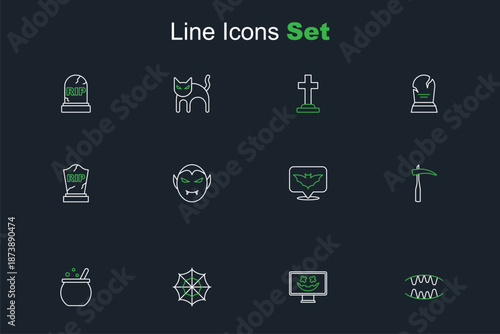 Set line Vampire teeth, Happy Halloween holiday, Spider web, witch cauldron, Scythe, Flying bat, and Tombstone with RIP written icon. Vector