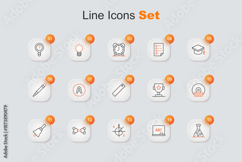 Set line Test tube, Chalkboard, Trigonometric circle, Molecule, Ringing bell, CD or DVD disk, Award cup and Ruler icon. Vector
